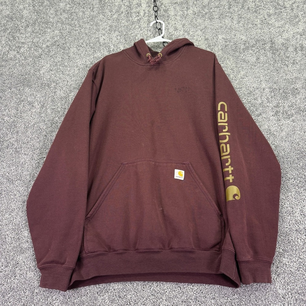 Carhartt Hoodie Mens LT Maroon Loose Fit Fleece Pullover Sleeve Logo Workwear